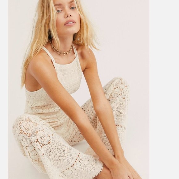 Free People Moon Bay Crochet One-Piece Jumpsuit size Medium MSRP: $198 - Picture 2 of 13